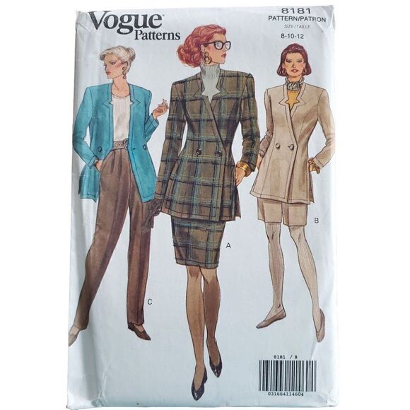 Vintage 90s Vogue Pattern 8181 Uncut Jacket Double Breasted Skirt Pants 8 10 12 - Picture 2 of 4